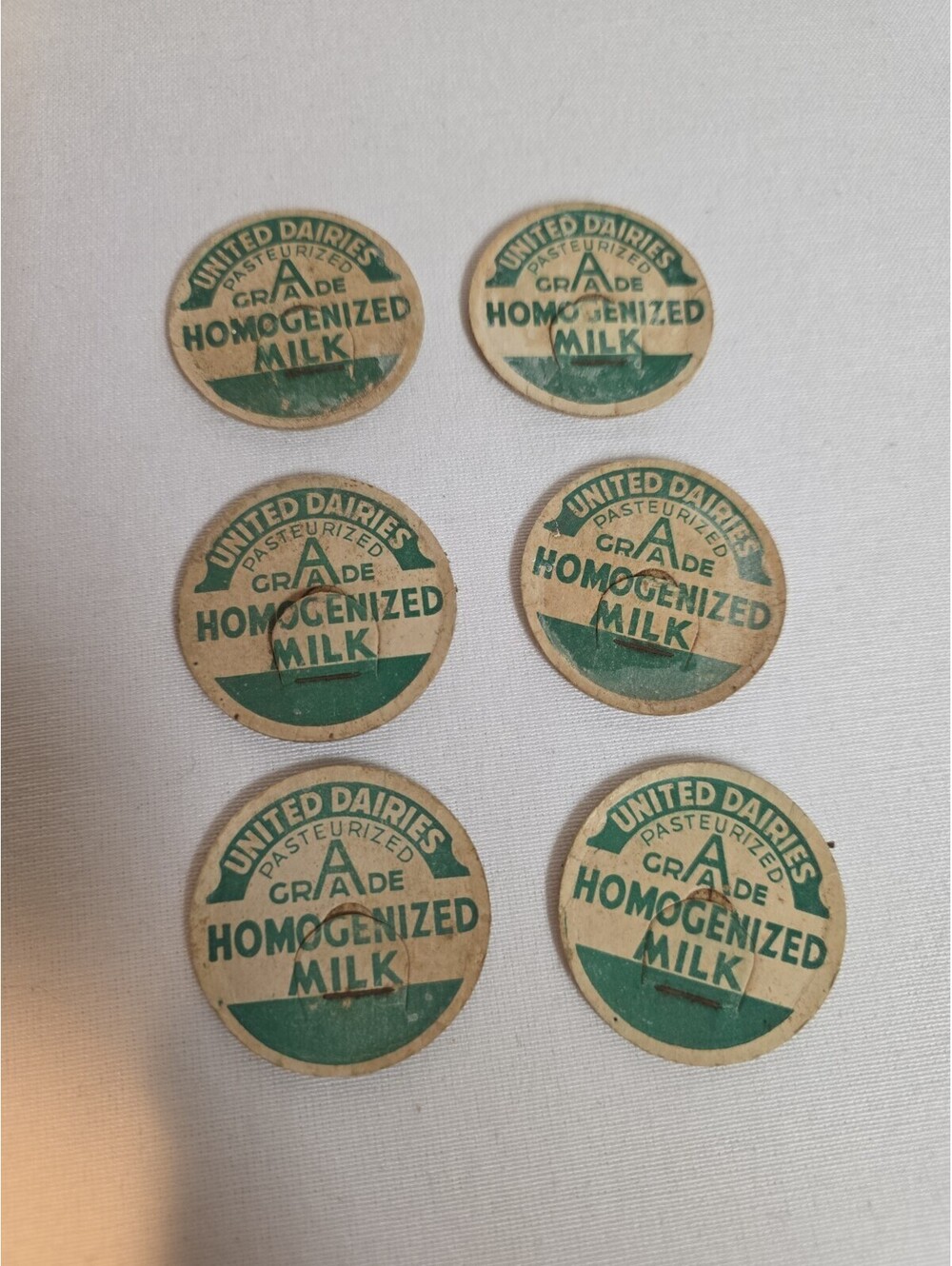 Lot of 6 Vintage United Dairies Milk Bottle Caps Cardboard Grade A Homogenized
